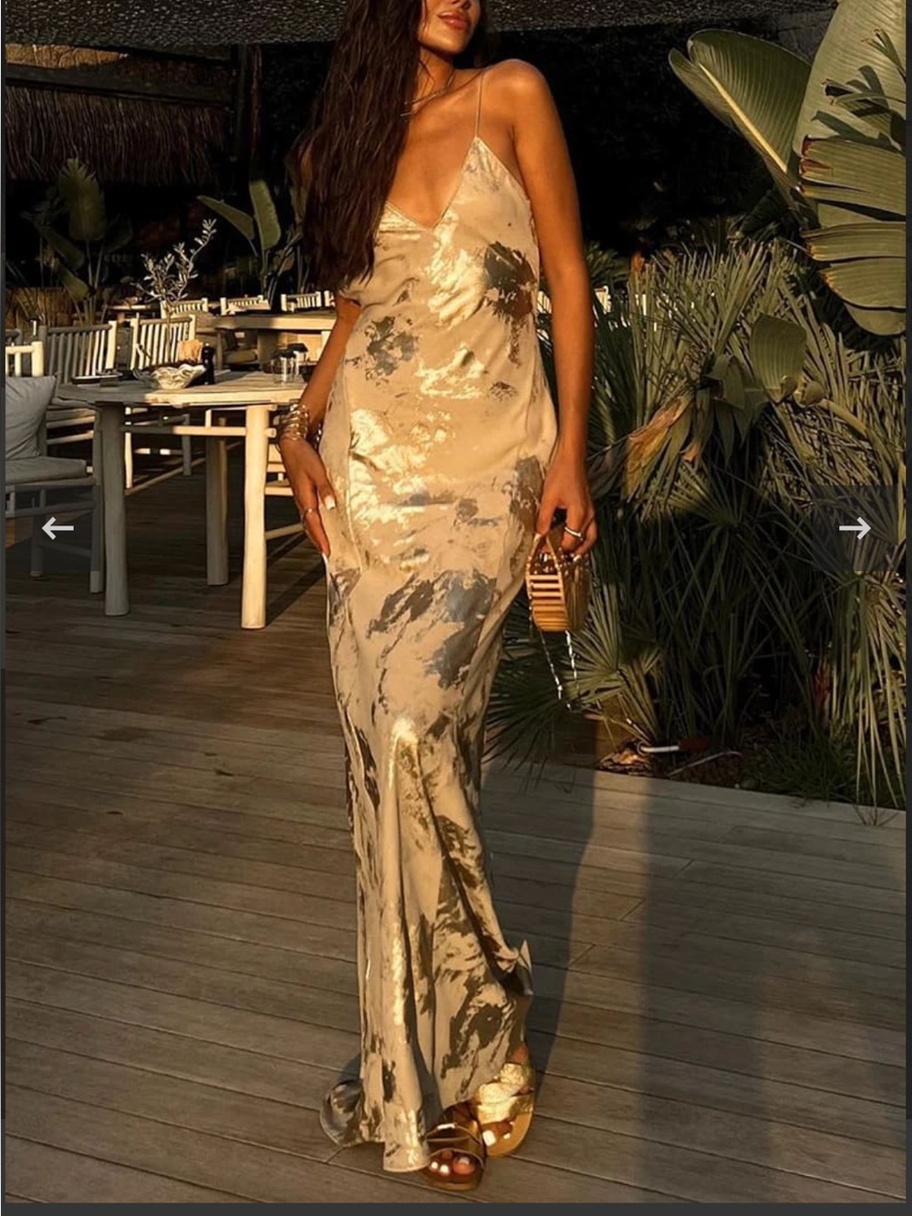 Backless low back Metallic Gold foil Slip Maxi Dress